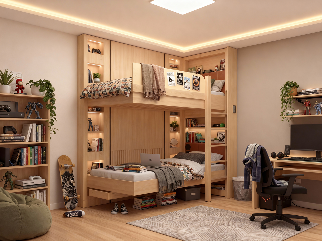 電動雙層升降床連書枱