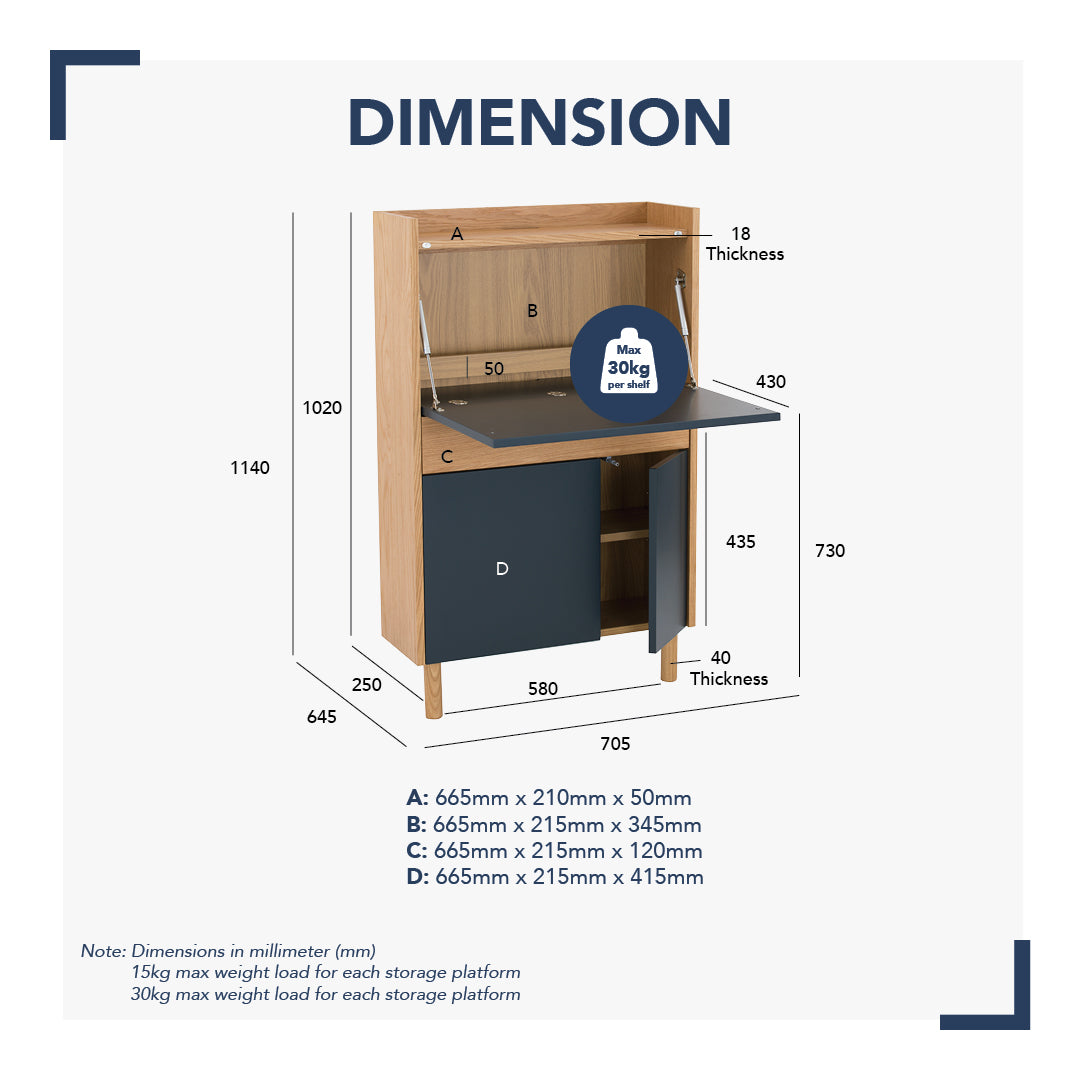 馬來西亞原裝進口實木傢俬 - LU系列 - BARTON 下拉式書桌連儲物櫃