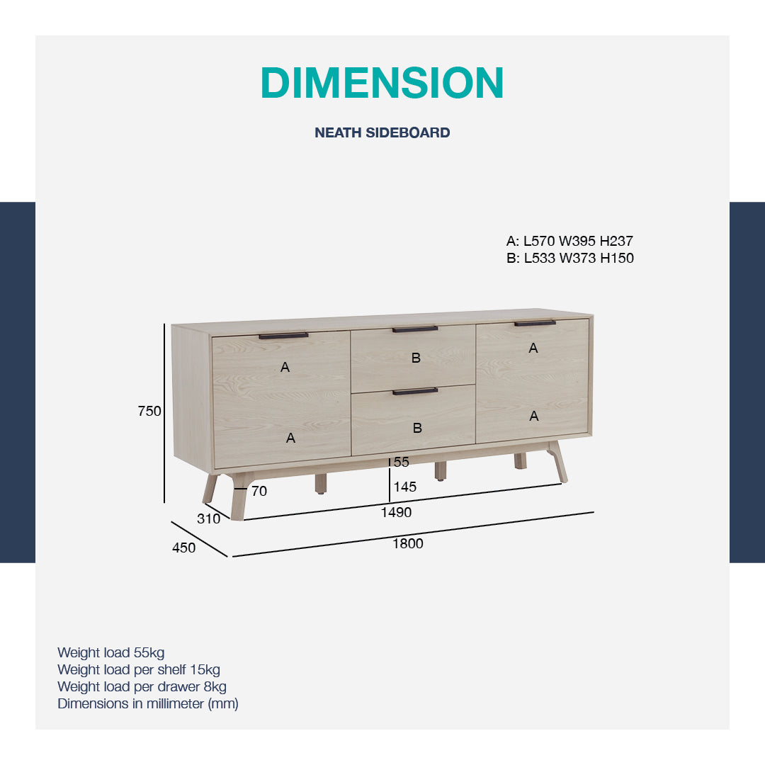 馬來西亞原裝進口實木傢俬 - LU系列 - NEATH 1.8米儲物邊櫃
